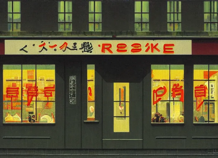 Prompt: exterior of an open cyberpunk ramen place during a rainy night by rene magritte