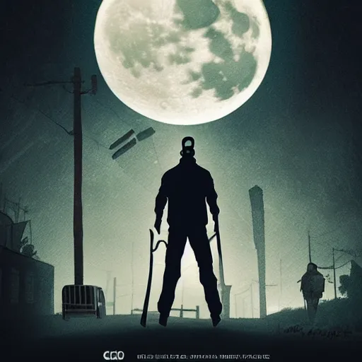 Prompt: movie poster of menacing figure with a cleaver standing in the middle of a road, night, large moon in the sky, by Cédric Peyravernay, excellent composition, dark