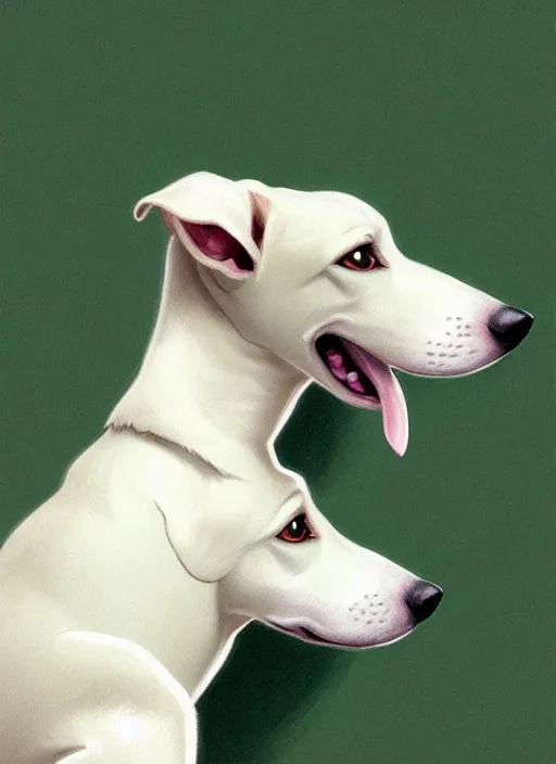 Image similar to cute white brown greyhound, green toy bone on floor, natural lighting, path traced, highly detailed, high quality, digital painting, by don bluth and ross tran and studio ghibli and alphonse mucha, artgerm