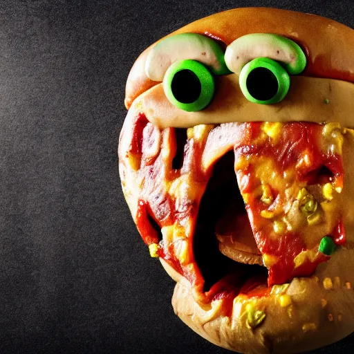 Image similar to a humanoid bipedal upright zombie that strongly resembles a hamburger, professional food photography