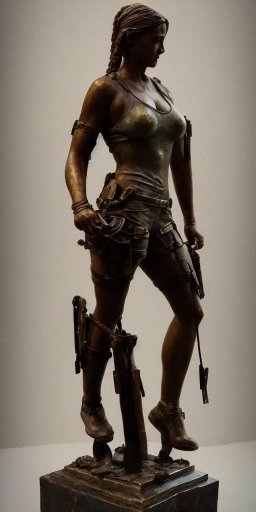 Image similar to detailed photo of an old bronze patina statue of beautiful lara croft posing for a full body portrait, photorealism, intricate detail, museum diffuse lighting