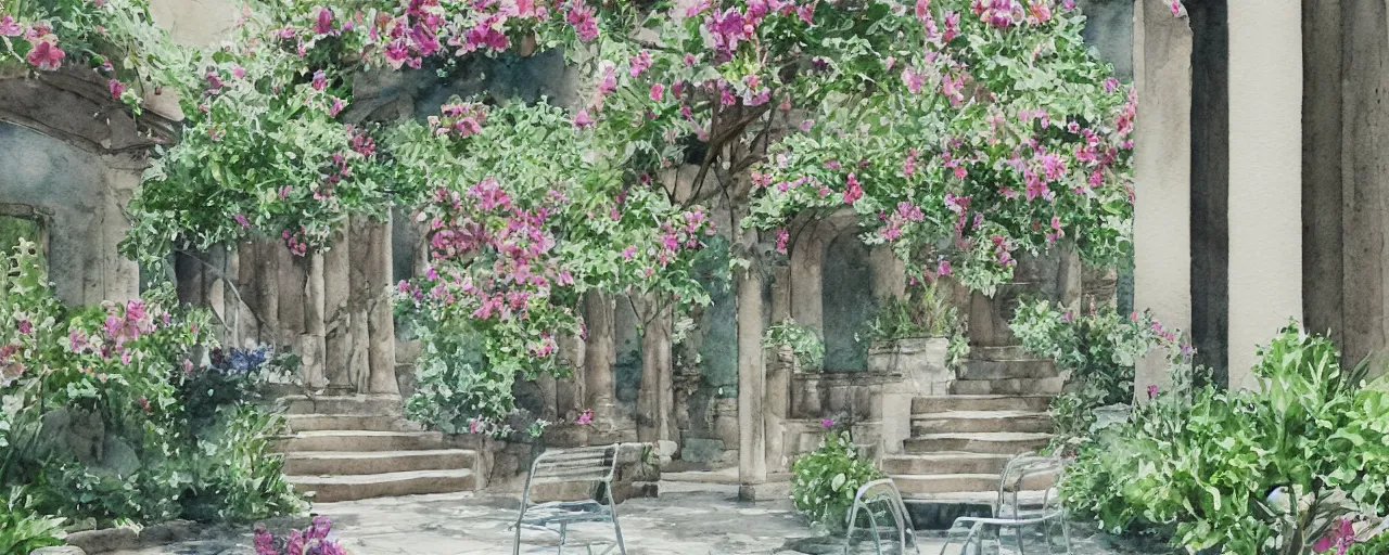 Image similar to isomeric view, stairway, chairs, delicate water in a botanic garden, garden road, sparrows, temple in a botanical herbarium paper, watercolor colored painting, iridescent colors, 8 k, realistic shaded, fine details, artstation, italian style, colonnade, huge flowers, architecture