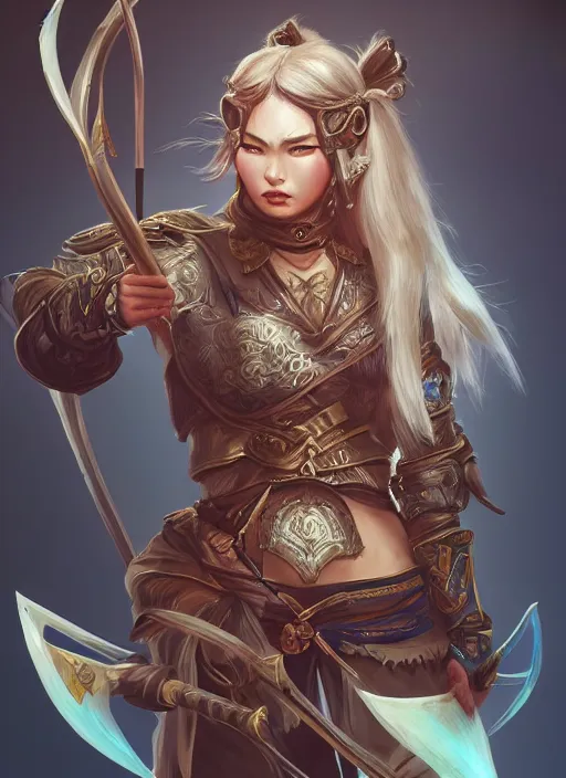 Image similar to a highly detailed illustration of fierce mongol warrior woman with bow, heroic shooting bow pose, perfect face, intricate, elegant, highly detailed, centered, digital painting, artstation, concept art, smooth, sharp focus, league of legends concept art, wlop.