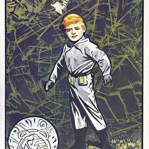 Prompt: a cute little boy with a mischievous face and short ginger hair. he is dressed as a superhero. well composed, clean elegant painting, beautiful detailed face. painting by steve ditko and jack kirby and ( alphonse mucha )