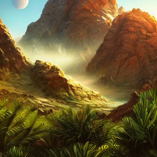 Prompt: highly detailed alien planet with lush vegetation, deserts and mountains, artgerm, cgsociety