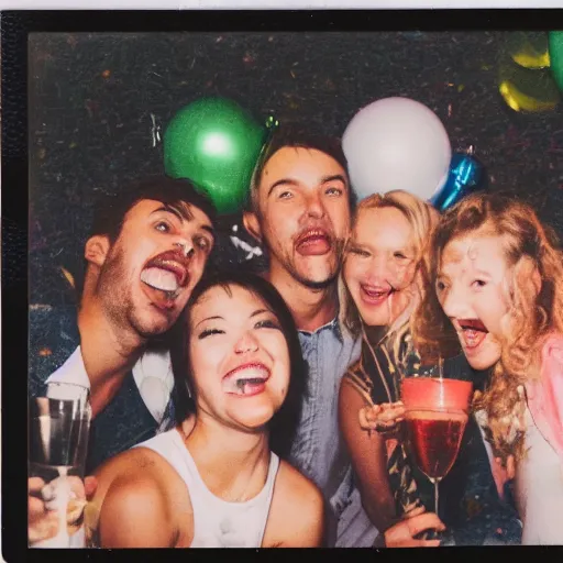 Image similar to polaroid photo of happy friends enjoying a party, detailed, fine details, realistic enviroment, photography, 4 k,