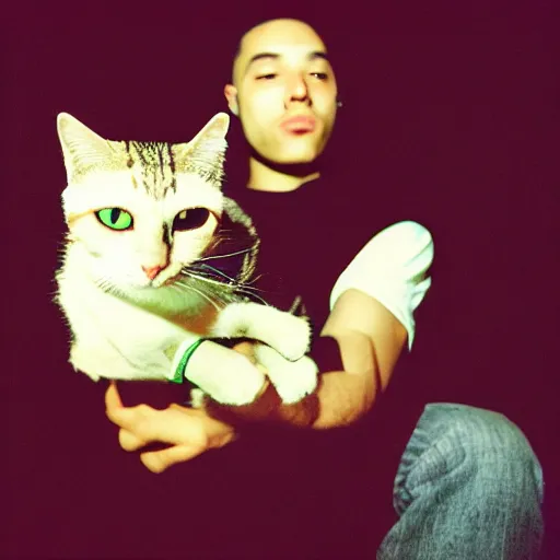 Image similar to nyc rapper holding a cat, fish eye lens, 3 5 mm film camera