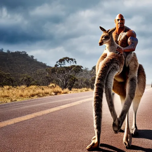 Image similar to dwayne johnson riding a kangaroo, studio photography, high detail, ultra high detail, 4 k, hdr, 8 k