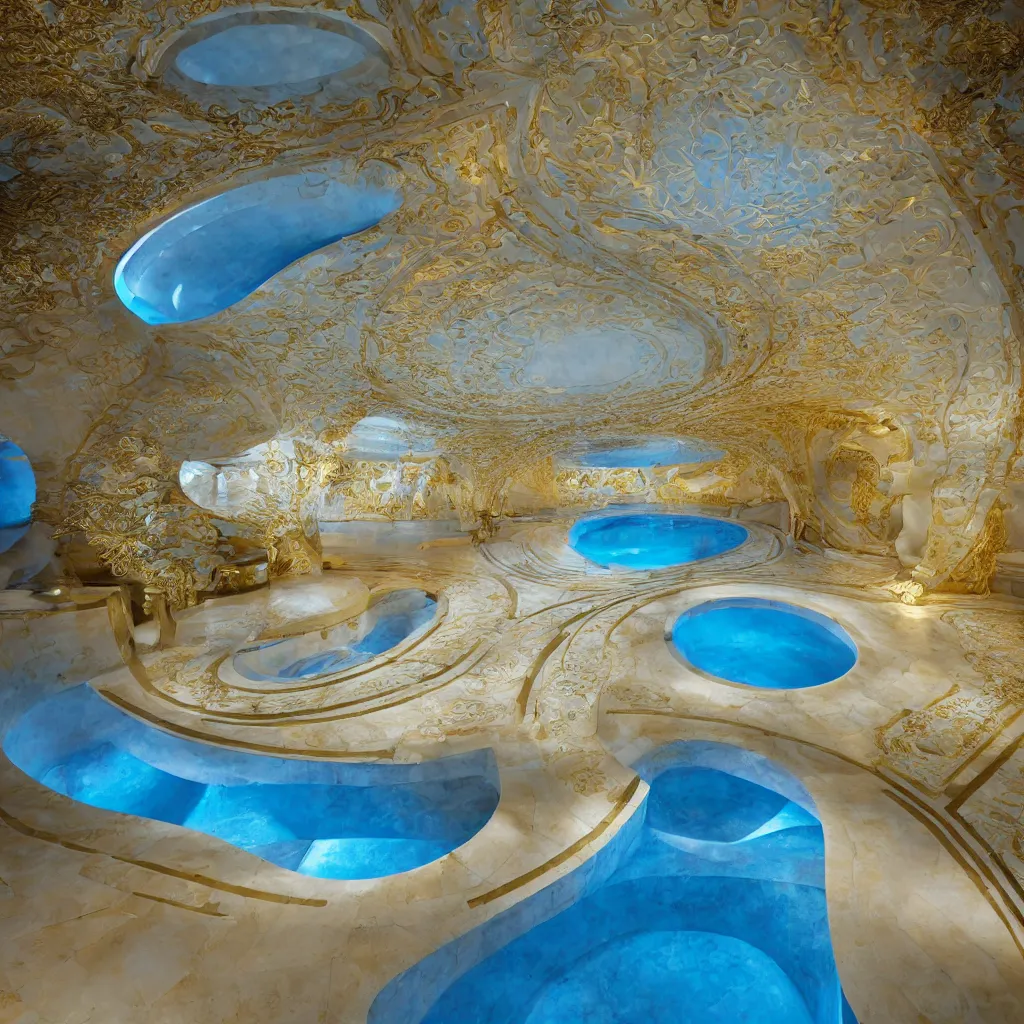 Image similar to an incredibly smooth curvilinear neo baroque pool interior architectural sculpture, a golden pool on the ground is envelope by folding white surfaces, blue light showing a garden, visually satisfying architecture render