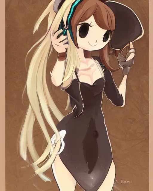 Image similar to A cute wakfu-style frontal painting of a very very beautiful anime skinny mousegirl with long wavy brown colored hair and small mouse ears on top of her head wearing a cute black dress and black shoes looking at the viewer, elegant, delicate, feminine, sharp focus, higly detailed, smooth , pixiv art, ArtStation, artgem, art by alphonse mucha Gil Elvgren and Greg rutkowski, high quality, digital illustration, concept art, very long shot