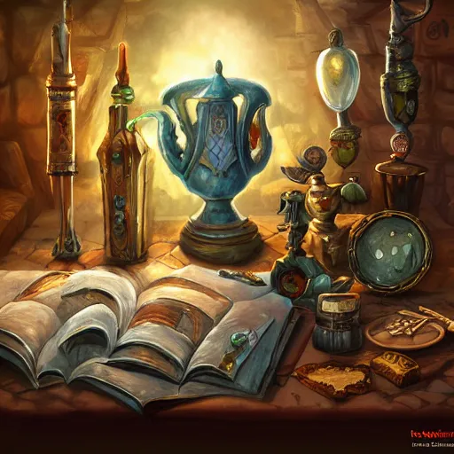 Image similar to photorealistic, tony sart, table, wizards laboratory, mortar, pestle, scales, magic book, beaker, energy