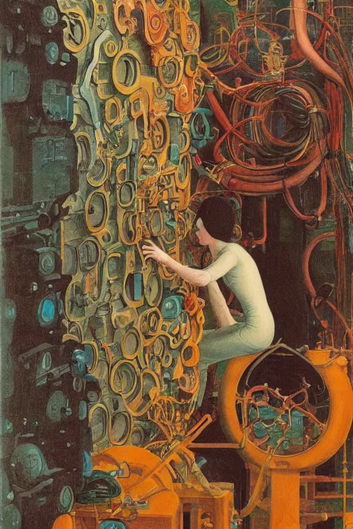 Image similar to realistic portrait of an engineer woman fixing the samsara holy cluster, fine portrait, concept art, stunning, in the style of brecht evens and jean delville