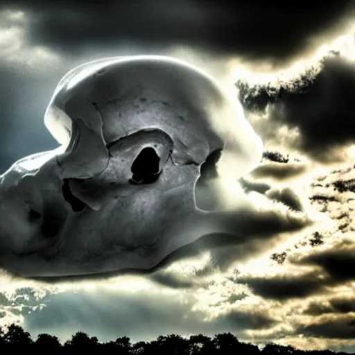 Prompt: skull in the sky made out of clouds, thunder, dramatic lighting