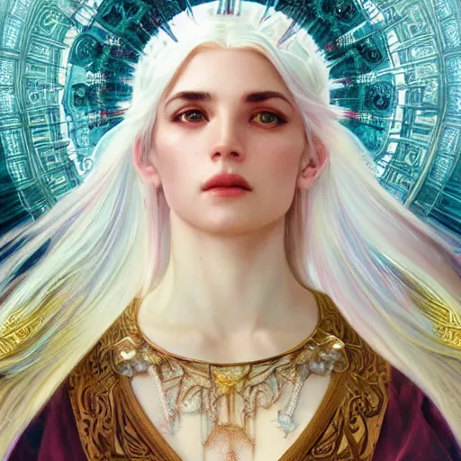 Prompt: goddess ascending, white hair, long hair, light, divine, intricate, 4 k, highly detailed, sharp focus, digital painting, by artgerm and greg rutkowski and alphonse mucha