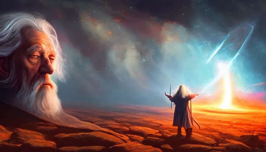 Image similar to a beautiful painting of gandalf watching a red giant star going supernova in the sky of an alien world, ray traced lighting by jean kalin popov and greg rutkowski