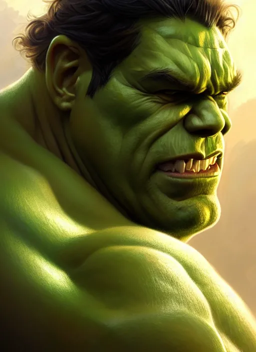 Image similar to Portrait of The Hulk, D&D, muscular, fantasy, intricate, elegant, highly detailed, digital painting, artstation, concept art, smooth, sharp focus, illustration, art by artgerm and greg rutkowski and alphonse mucha