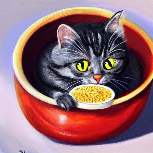 Image similar to cat inside of a bowl of cereal, oil painting, cute, kawaii, adorable, award winning, digital art