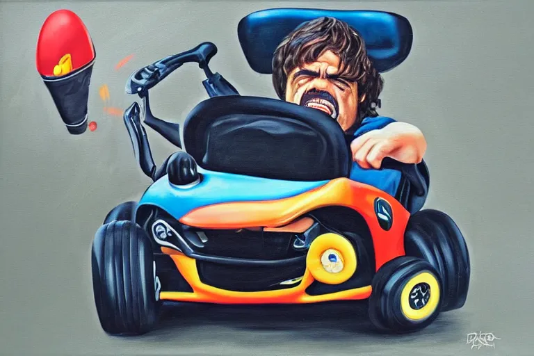 Prompt: black velvet painting of peter dinklage driving a little tikes crazy coupe
