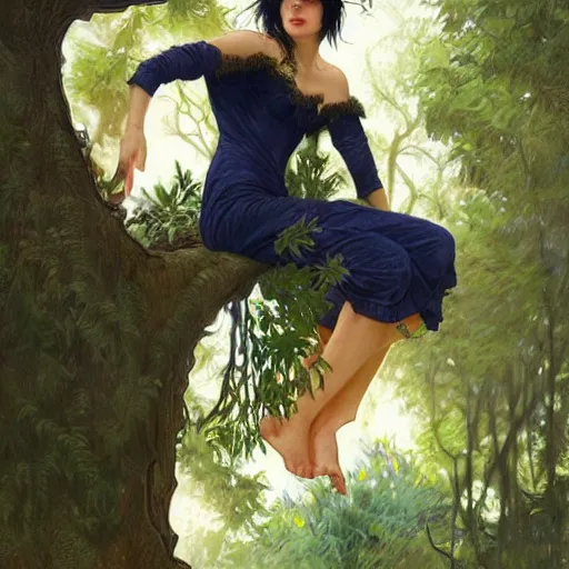 Prompt: study of a woman resting on a large tree, short black hair, decorative dark blue clothing, sharp focus, ultra realistic illustration, colorful, cinematic lighting, high fantasy, intricate, highly detailed, smooth, elegant, artgerm, greg rutkowski, alphonse mucha magali villeneuve