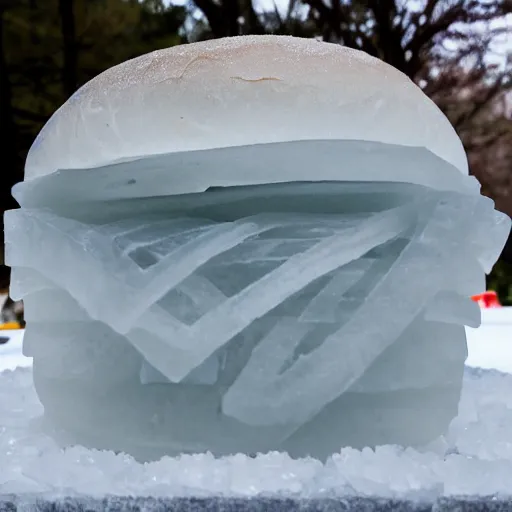 Prompt: a clear ice sculpture of a burger made entirely of ice, 4 k