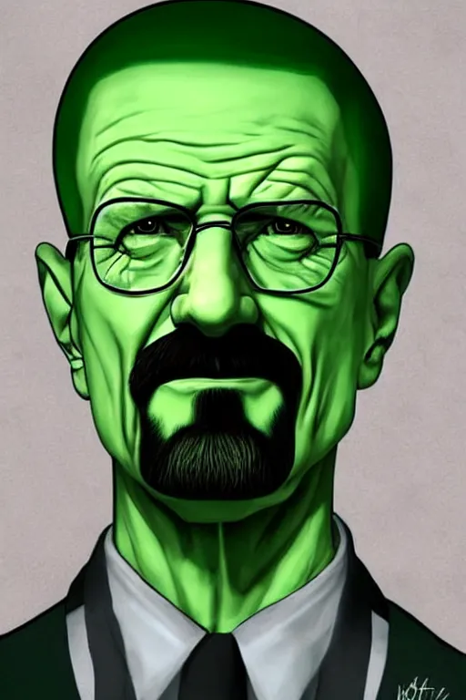 Image similar to walter white as the joker, green hair, photorealistic, highly detailed,