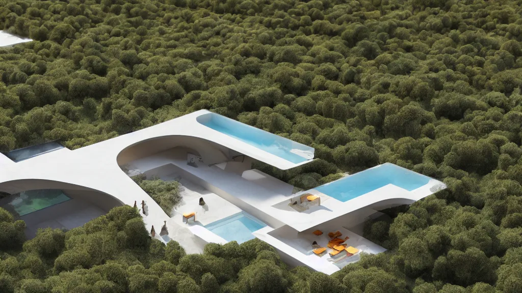 Image similar to Home made of limestone with an infinity pool in the front designed by Zaha Hadid, in the Mediterranean with olive trees and orange trees, 4k, high detail, architectural render, epic light, 4k