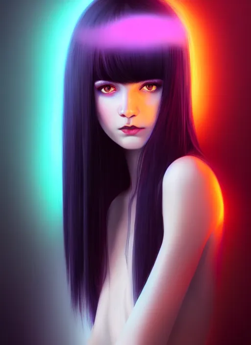 Image similar to portrait of teenage girl with white bangs, red irises, black hair, purple clothes, white bangs, bangs are different color from hair, intricate, front of hair is white rest is black, elegant, glowing lights, highly detailed, digital painting, artstation, concept art, smooth, sharp focus, illustration, art by wlop, mars ravelo and greg rutkowski