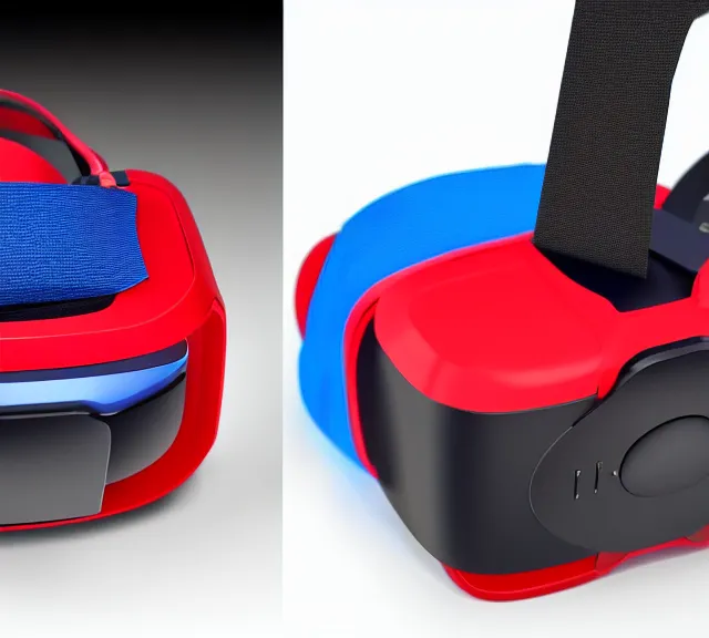 Image similar to a 4 k photorealistic photo product photo of a nintendo red and blue vr headset.