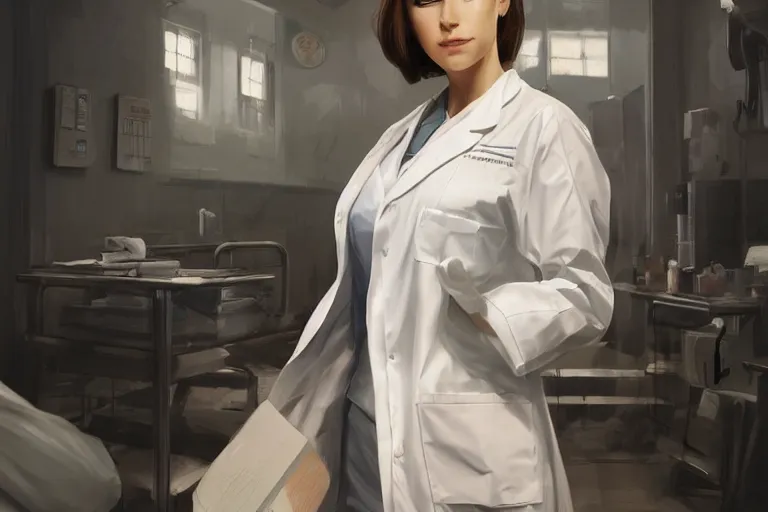Image similar to a poster of emergency room, an elegant and beautiful female doctor in a white coat in a hospital ward, cinematic, highly detailed, digital painting, artstation, concept art, matte, sharp focus, illustration, art by artgerm and greg rutkowski