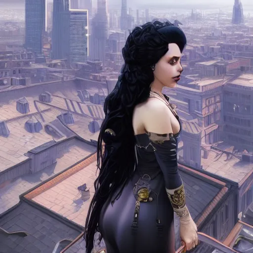 Image similar to a giantess attractive goth girl standing over a modern city, cute, intricate, highly detailed, digital painting, artstation, concept art, smooth, sharp focus, illustration, unreal engine 5, 8 k, art by artgerm and greg rutkowski and alphonse mucha