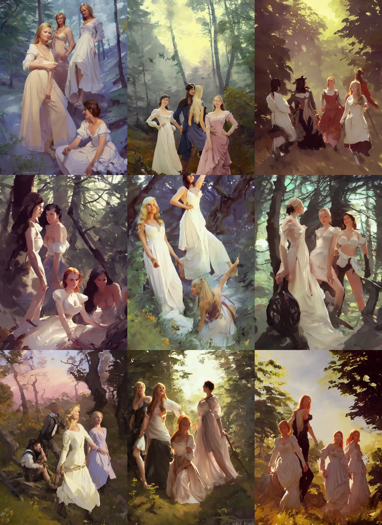 Prompt: group of beautiful finnish norwegian swedish scandinavian attractive glamour models wearing 1 7 th century bodice with low neckline walking in the woods at sunset, jodhpurs greg manchess painting by sargent and leyendecker, studio ghibli fantasy medium shot asymmetrical intricate elegant matte painting illustration hearthstone, by greg rutkowski by greg tocchini by james gilleard