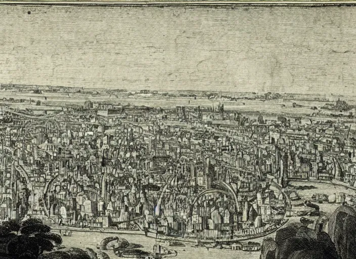 Prompt: detail from Hollar’s Panoramic view of a futuristic domed city, 1647