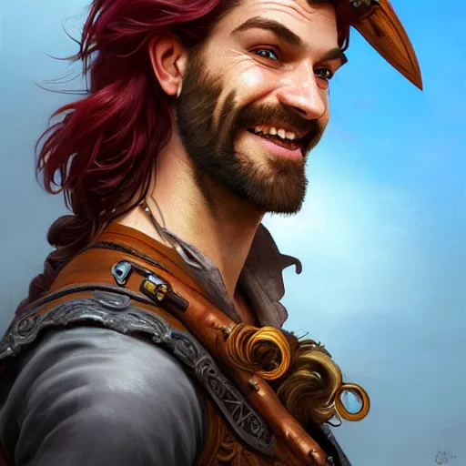 Image similar to portrait of a young ruggedly handsome but joyful pirate, male, masculine, nose ring, upper body, red hair, long hair, d & d, fantasy, joyful smirk, intricate, elegant, highly detailed, digital painting, artstation, concept art, matte, sharp focus, illustration, art by artgerm and greg rutkowski and alphonse mucha