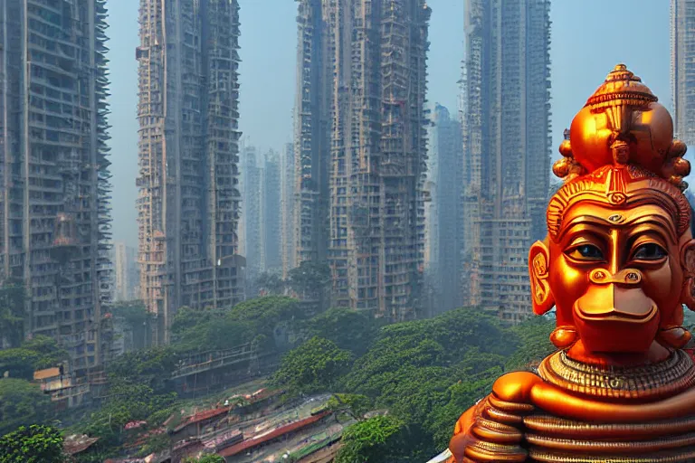 Image similar to high quality 3 d cyberpunk biomorphic hanuman head building in the middle of mumbai!!, kalighat highly detailed, cinematic smooth, stephen shore & john j. park, soft morning light, wide shot, high angle, uhd 8 k, deep focus