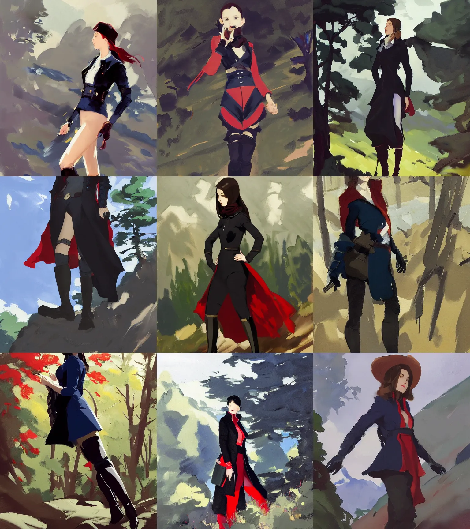 Prompt: black red blue white cloth fabric jodhpurs knee high boots travel coat fashion, solo hiking in mountains trees, greg manchess painting by sargent and leyendecker, studio ghibli, fantasy, asymmetrical, intricate, elegant, matte painting, illustration, hearthstone, by greg rutkowski, by greg tocchini, by james gilleard, by joe fenton