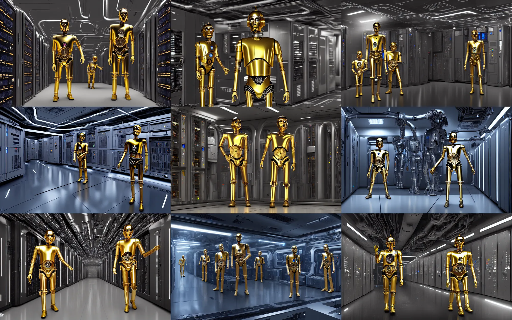 Prompt: one silver c - 3 po robot from star wars in a data center room, concept art, cyberpunk, high detail, 4 k