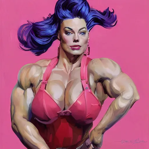 Image similar to greg manchess portrait of margot robbie as very happy thick muscular female bodybuilder zarya from overwatch with pink hair in disco elysium, fantasy, medium shot, asymmetrical, profile picture, organic painting, matte painting, bold shapes, hard edges, street art, trending on artstation, by huang guangjian and gil elvgren and sachin teng