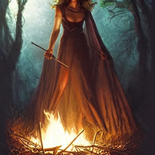 Image similar to Natalie Portman as a beautiful ancient witch in the forest by a fire at night, Darrell K Sweet, artstation, concept art, digital art, Michael Whelan, cinematic, mysterious