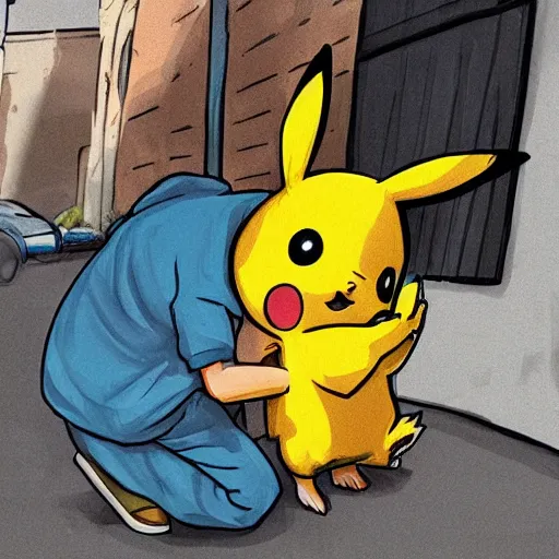 Prompt: A real life pikachu buying drugs from a random dude in a hoodie in an alley, photorealistic art