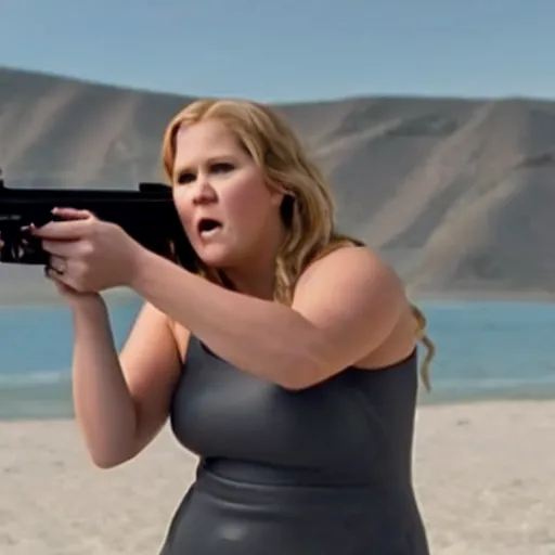 Prompt: movie still of Amy Schumer firing a gun as 007 in No Time to Die, 4k