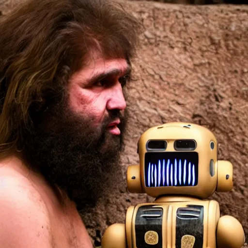 Image similar to caveman talking to a robot, award - winning photo