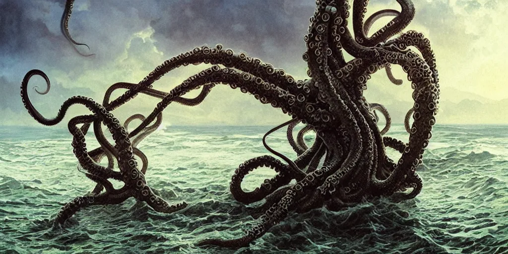 Image similar to a tentacled creature emerging from the ocean near an abandoned fishing village, large landscape ad night, high - key lighting, beautiful composition, intricate, gradient from green to black, pro photography by, highly detailed, matte pailting, art by artgerm and greg rutkowski and alphonse mucha, smooth, sharp focus illustration
