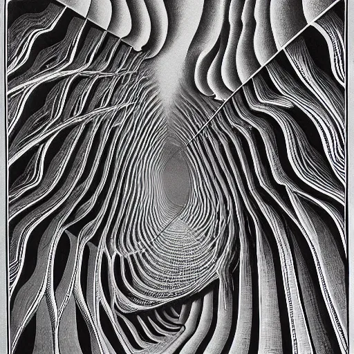 Image similar to things that are hard to think about dancing with rare and unusual ideas while ordinary boring sorts through a box of old memories on the shores of vast wonder and amazement, artists m. c. escher and alex grey, intricately detailed, three dimensional optical illusion, ambient occlusion, volumetric light