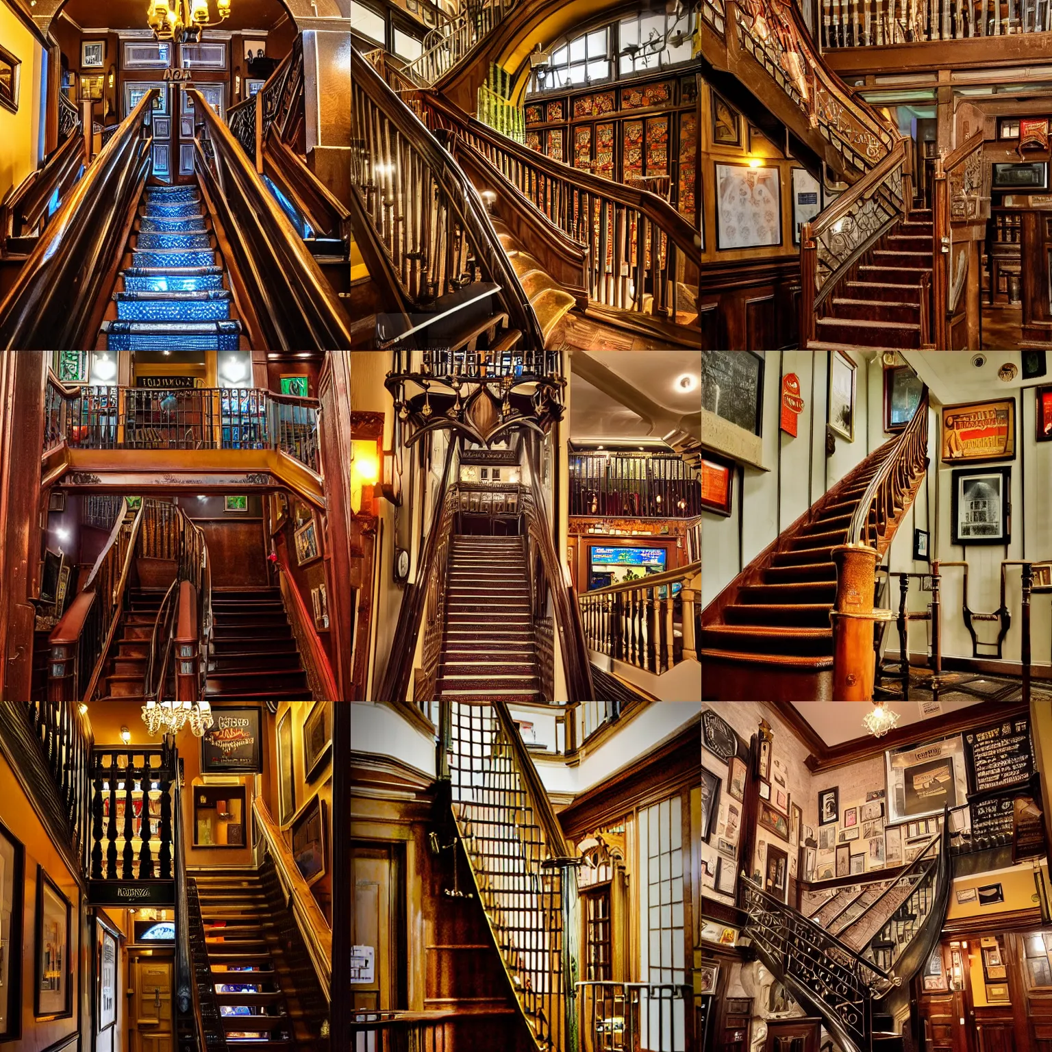 Prompt: infinitely tall staircase in a British pub, digital photography, extreme detail