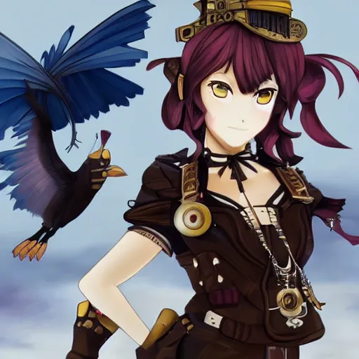 Prompt: steampunk themed anime girl with a steampunk robotic crow on her shoulder, finely detailed, portrait, beautiful, cinematic lighting,