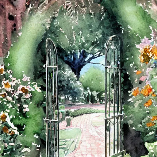 Image similar to delicate, chairs, garden, paved, botanic watercolors, iridescent, 8 k, realistic shaded, fine details, artstation, italian, iron gate, tree, mediterranean, marvelous