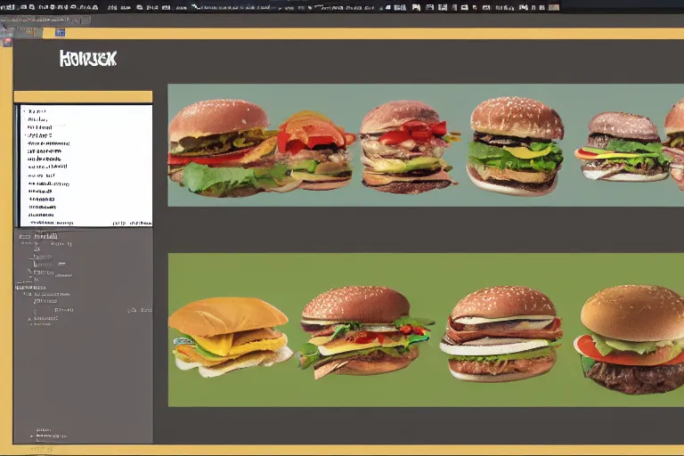 Prompt: hamburger themed gnu / linux desktop environment, linux mint, in 1 9 9 5, y 2 k, desktop screenshot