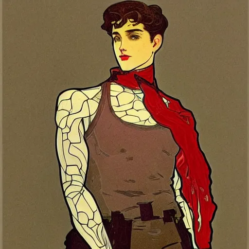 Image similar to handsome beautiful but male humanoid male robot part metal wires with wavy short dark hair, elegant, red lighting, realistic, concept art, smooth, detailed, alphonse mucha and waterhouse,