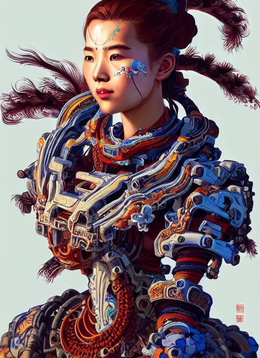 Image similar to portrait of a machine from horizon zero dawn, machine face, upper body, decorated with chinese opera motifs, asian, traditional chinese art, intricate, elegant, highly detailed, digital painting, artstation, concept art, smooth, sharp focus, illustration, art by artgerm and greg rutkowski and alphonse mucha, 8 k