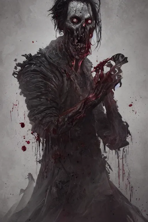 Prompt: A fancy portrait of a zombified man by Greg Rutkowski, Sung Choi, Mitchell Mohrhauser, Maciej Kuciara, Johnson Ting, Maxim Verehin, Peter Konig, Bloodborne, 8k photorealistic, cinematic lighting, HD, high details, dramatic, dark atmosphere, trending on artstation